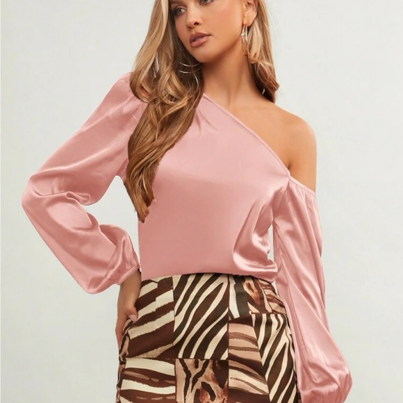 Luxe Satin Asymmetrical Neck Off One Shoulder Long Sleeve Satin Top Blouse - Picture 4 of 16